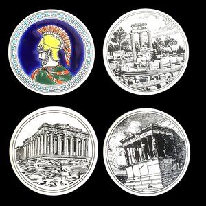 Vintage Greek Ceramic Coaster Set Ancient Ruins Smaltotechniki Ceramik